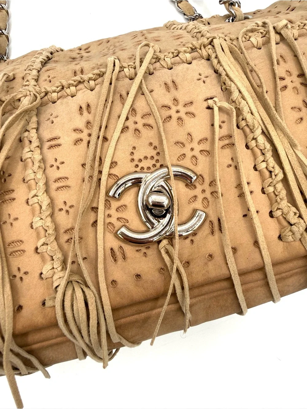 Chanel Tan Brown Suede Fringe Floral CC Flap Bag